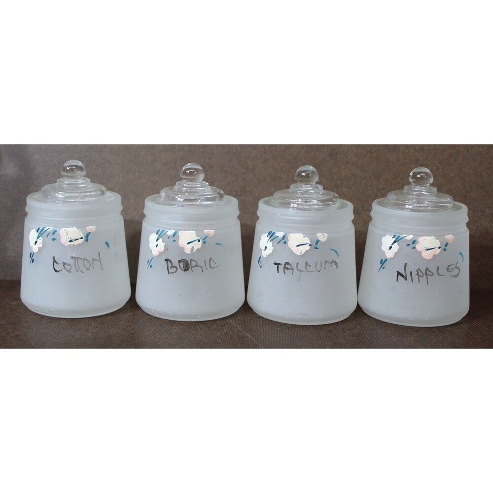 Vtg Frosted Glass Apothecary Jars Set 4 Hand Painted Floral Cotton Boric Talcum